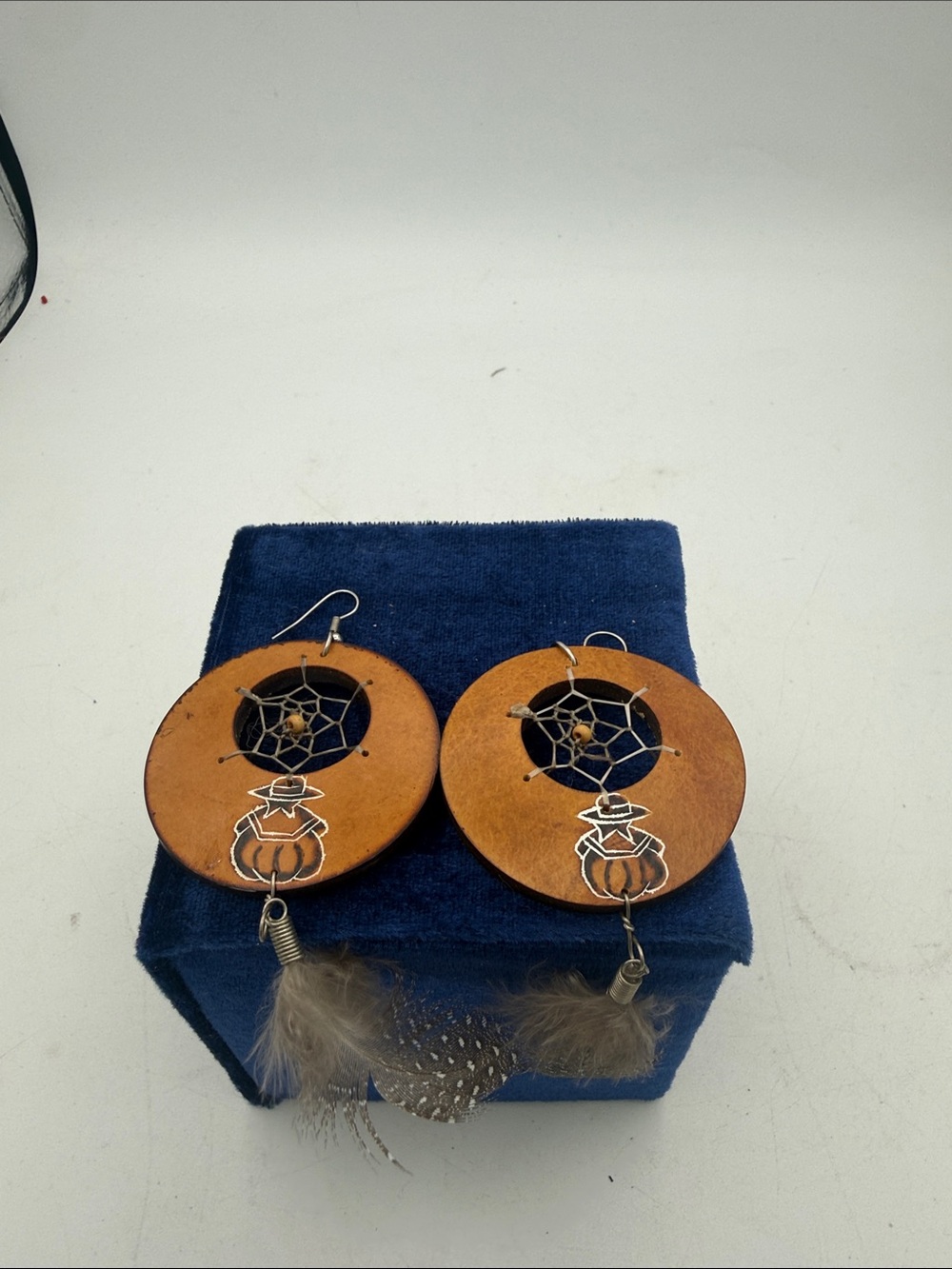 Boho Wooden Halloween Dreamcatcher Feather Dangle Earrings Pumpkin